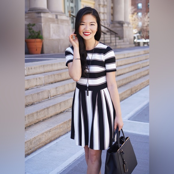 LOFT Striped Flare Black and White Dress 4P Petite Office Fit and Flare - Picture 3 of 15